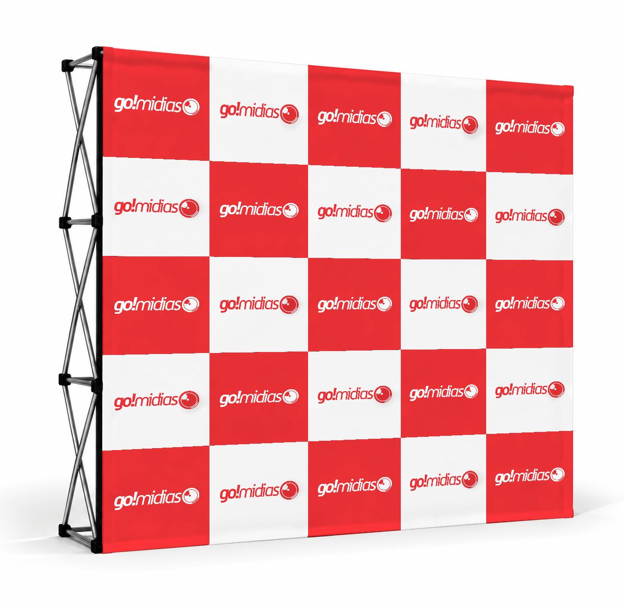 Painel Pantográfico Backdrop GoMídias personalizado em tecido Oxford com estrutura retrátil para eventos